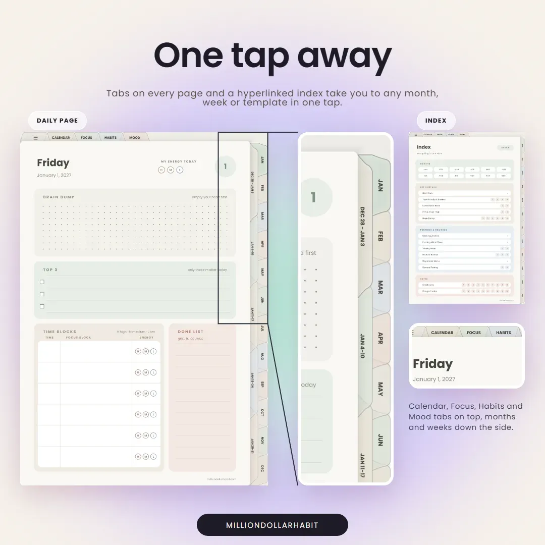 2027 Quiet Mind ADHD Planner: One tap away, with tabs on every page and a hyperlinked index
