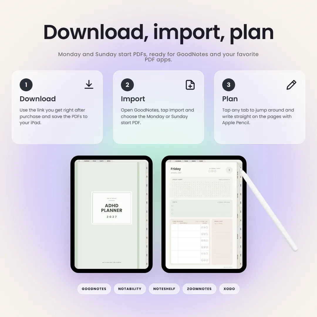 2027 Quiet Mind ADHD Planner: Download, import, plan, with Monday and Sunday start PDFs for GoodNotes and other PDF apps