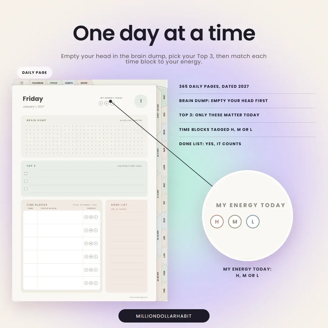 2027 Quiet Mind ADHD Planner: One day at a time, with a brain dump, Top 3, time blocks tagged by energy and a done list