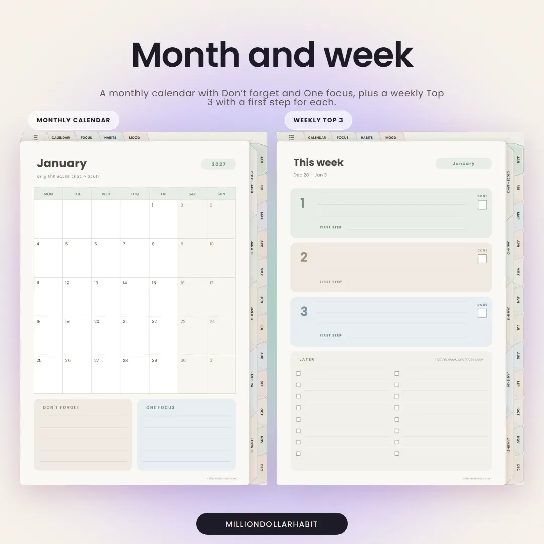 2027 Quiet Mind ADHD Planner: Month and week, with a monthly calendar and a weekly Top 3 with a first step for each