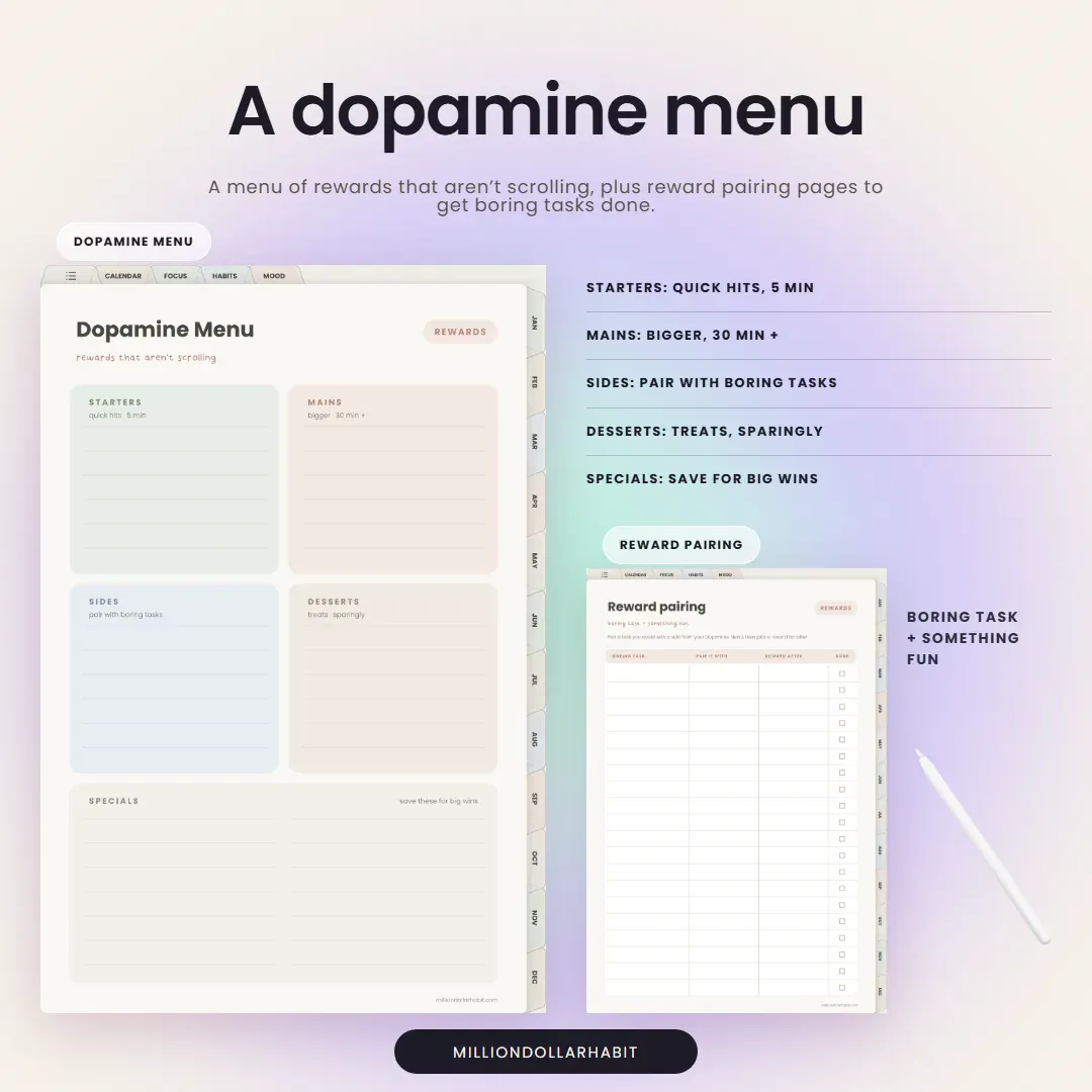2027 Quiet Mind ADHD Planner: A dopamine menu of rewards that aren't scrolling, plus reward pairing pages