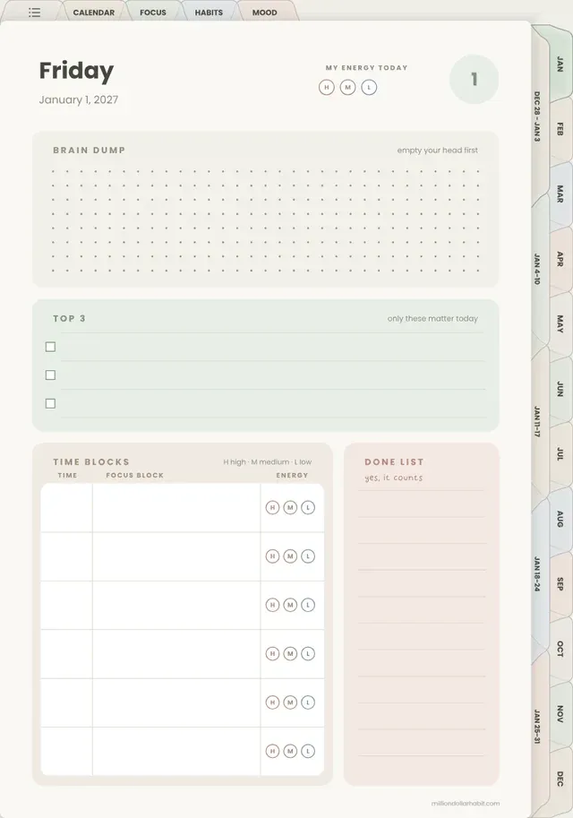 Daily page page in the 2027 Quiet Mind ADHD Planner