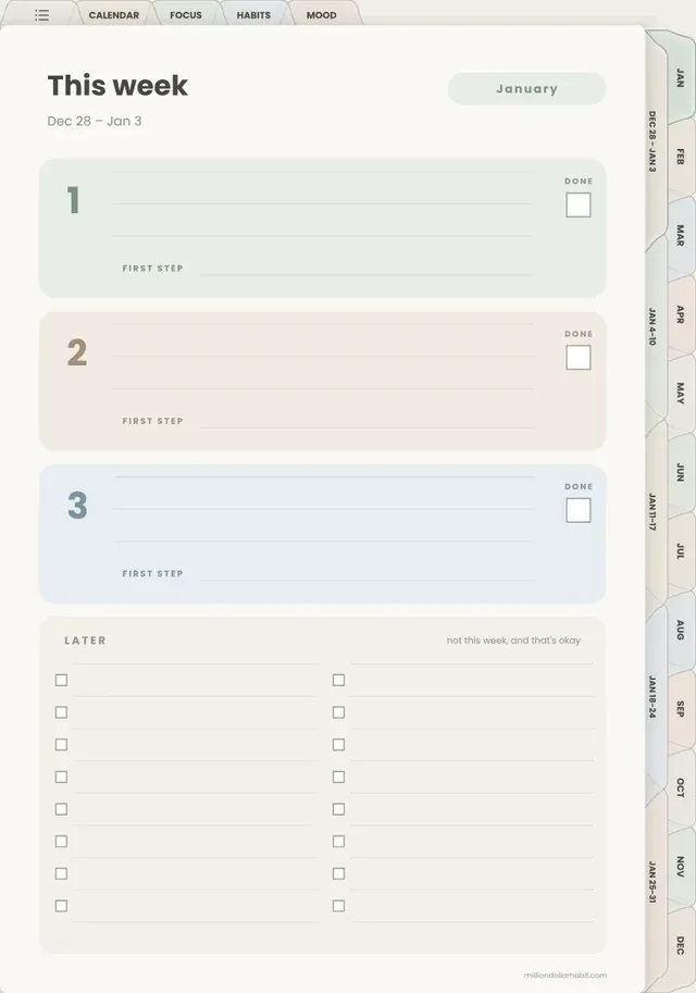Weekly Top 3 page in the 2027 Quiet Mind ADHD Planner