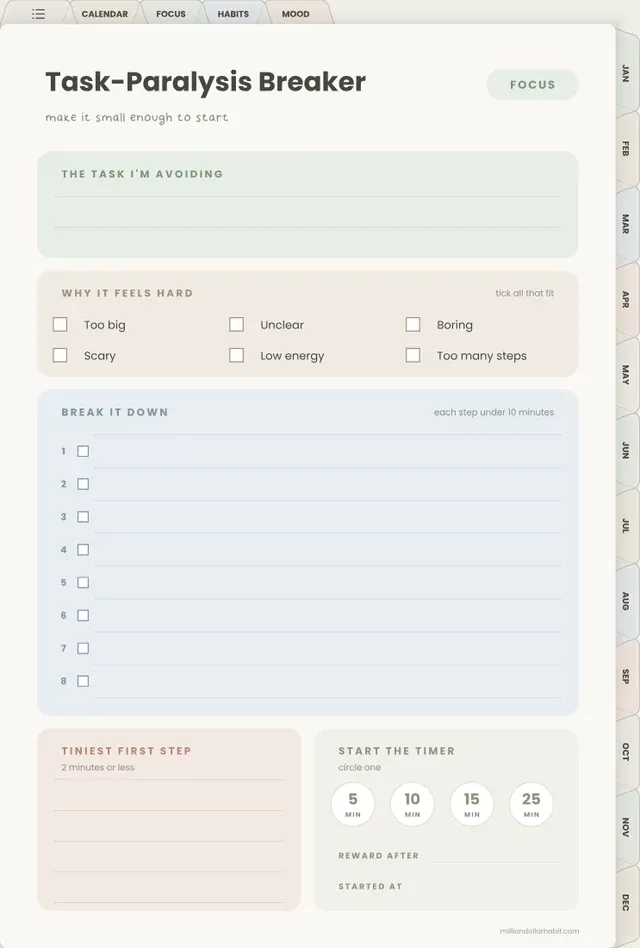 Task-paralysis breaker page from the 2027 Quiet Mind ADHD Planner