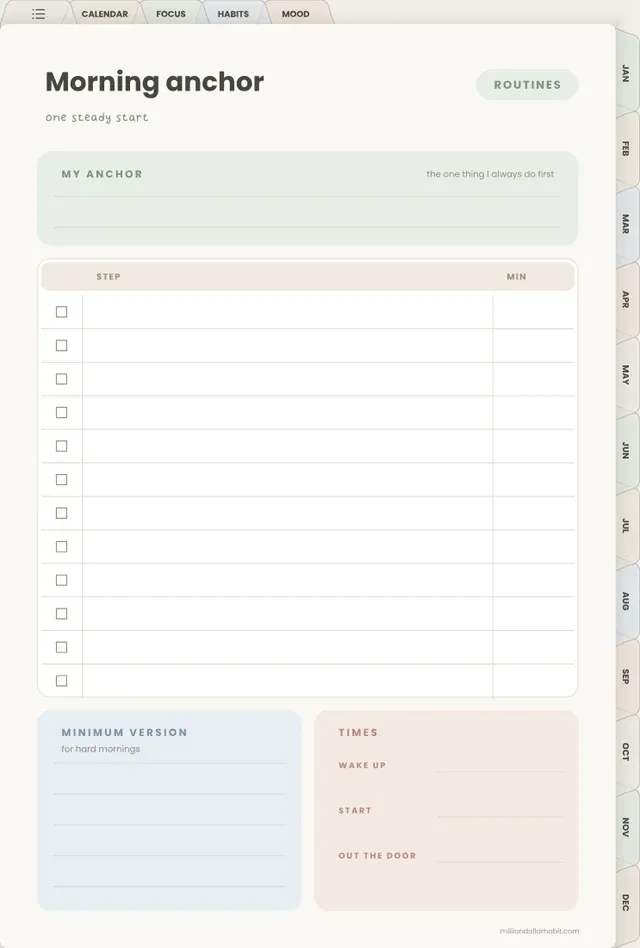 Morning anchor page in the 2027 Quiet Mind ADHD Planner