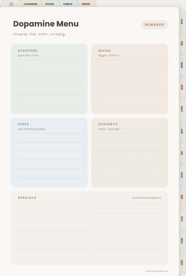 Dopamine menu page in the 2027 Quiet Mind ADHD Planner