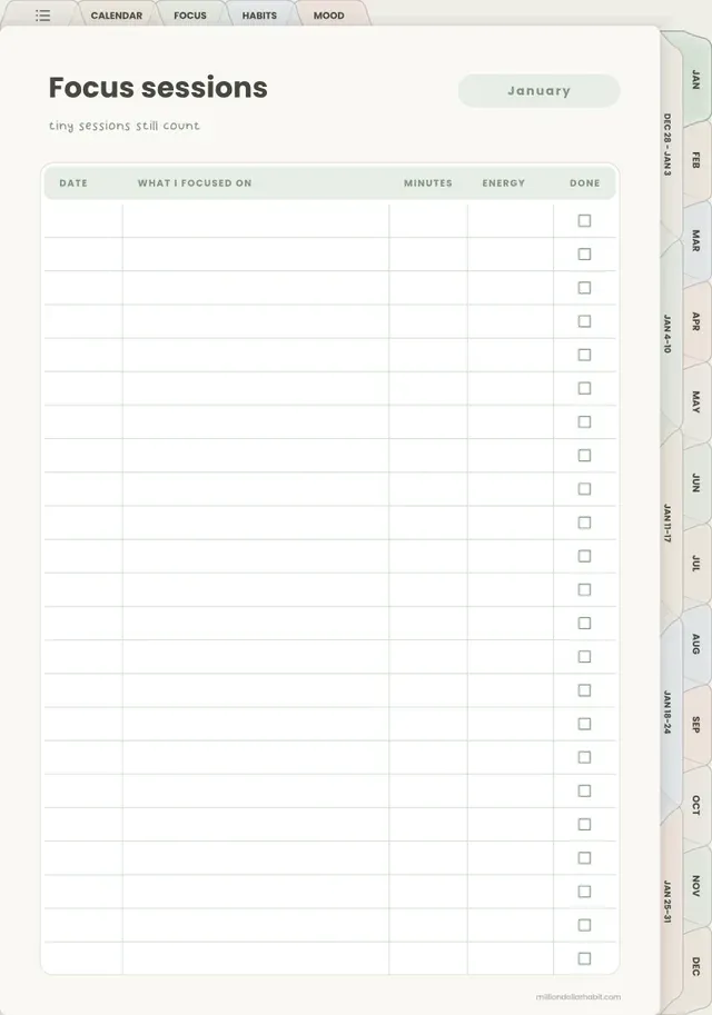 Focus sessions page in the 2027 Quiet Mind ADHD Planner
