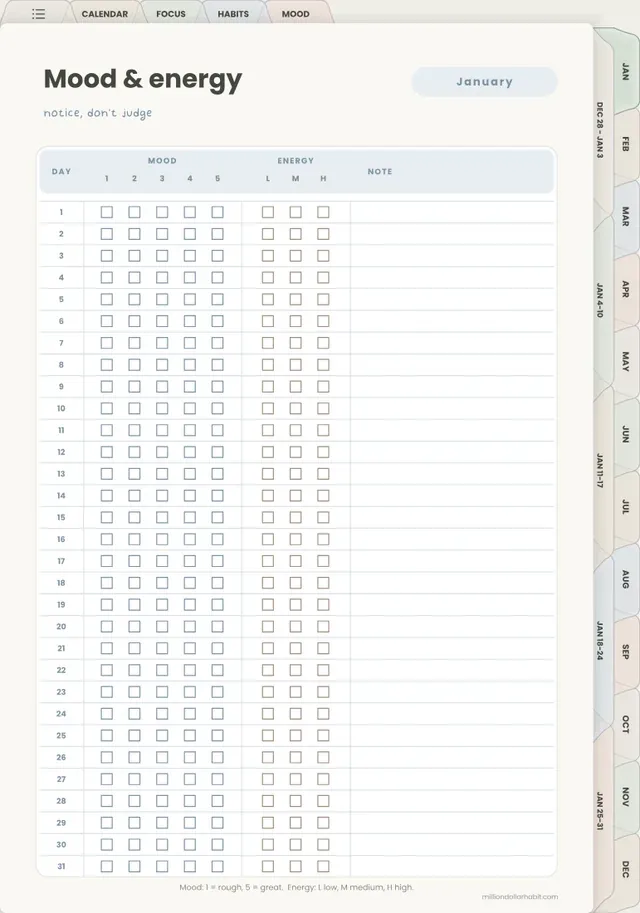 Mood and energy page in the 2027 Quiet Mind ADHD Planner