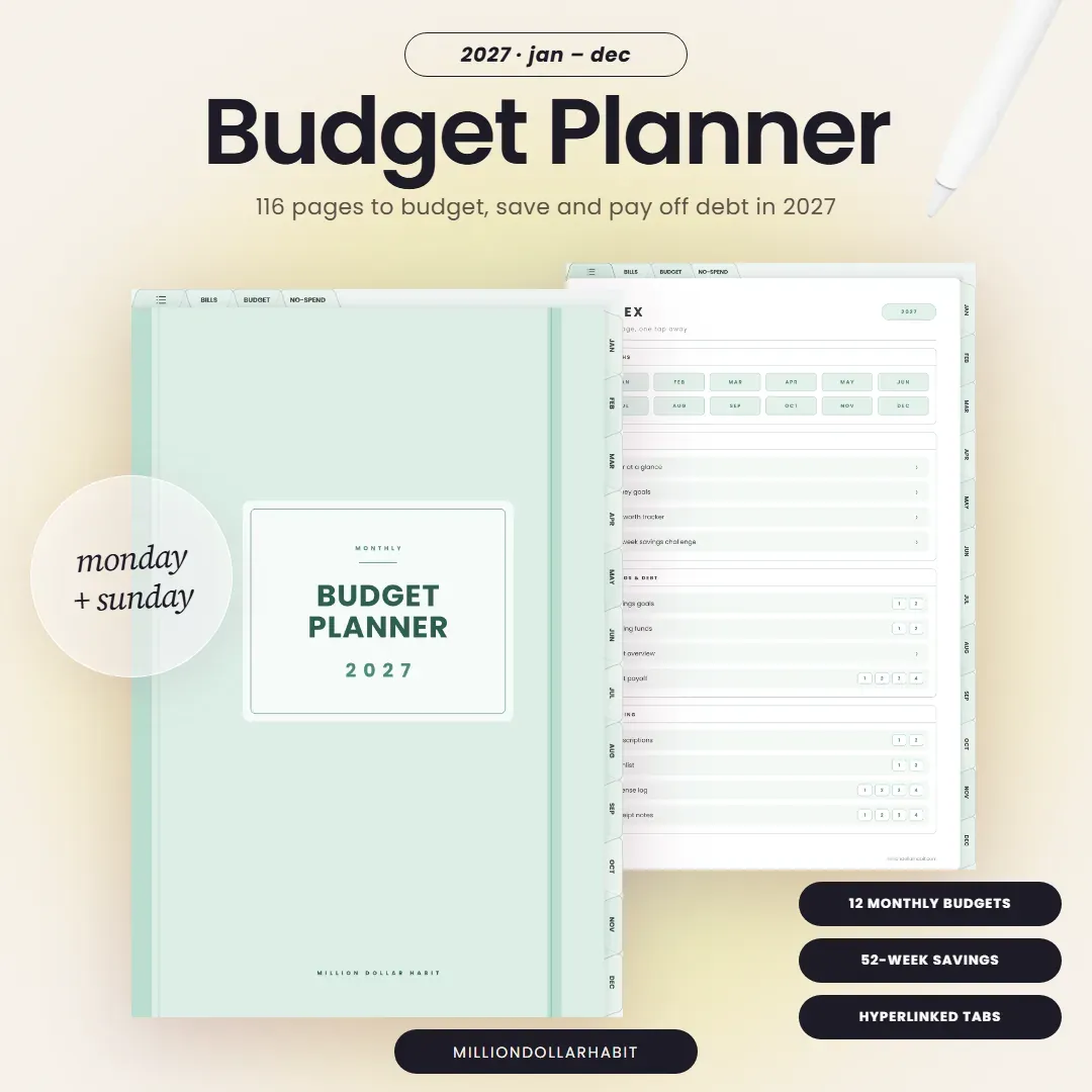 2027 Budget Planner cover: 116 pages to budget, save and pay off debt in 2027, Monday + Sunday start