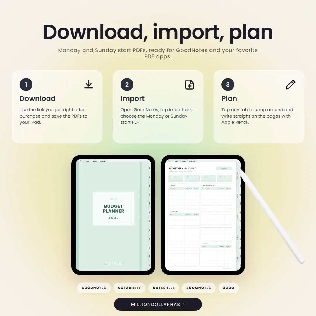 2027 Budget Planner: Download, import, plan, with Monday and Sunday start PDFs for GoodNotes and other PDF apps