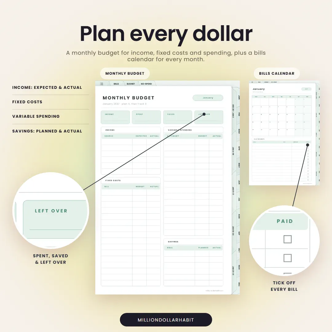 2027 Budget Planner: Plan every dollar, with a monthly budget for income, fixed costs and spending, plus a bills calendar