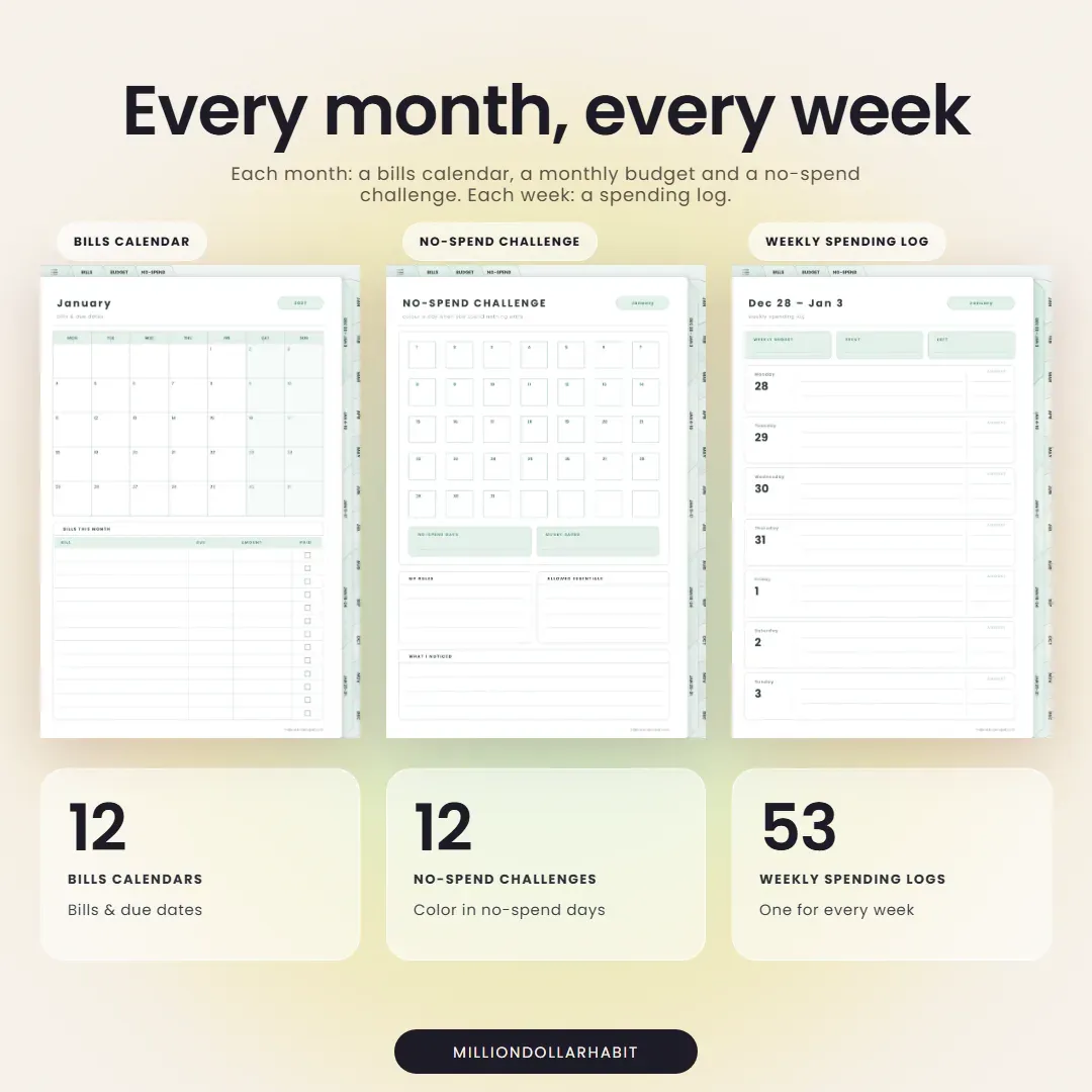 2027 Budget Planner: Every month, every week, with 12 bills calendars, 12 no-spend challenges and 53 weekly spending logs