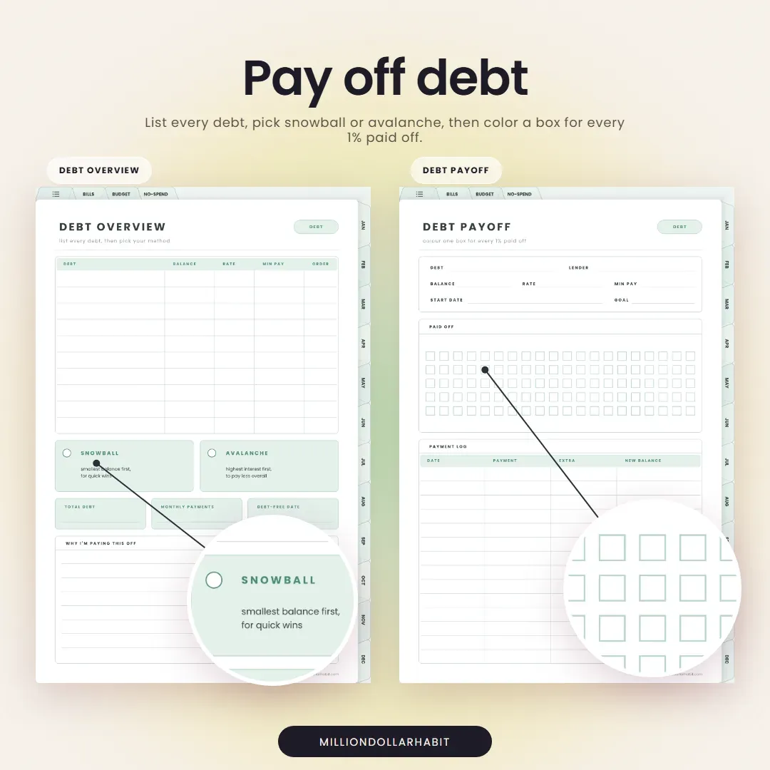 2027 Budget Planner: Pay off debt, with a debt overview and a payoff tracker for the snowball or avalanche method