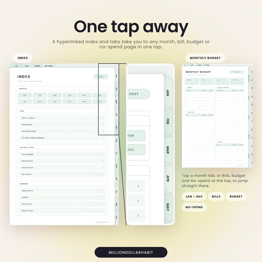 2027 Budget Planner: One tap away, with a hyperlinked index and month, bills, budget and no-spend tabs