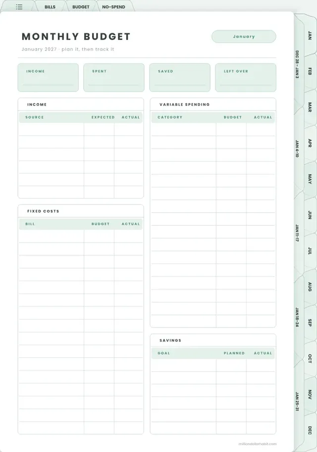 Monthly budget page from the 2027 Budget Planner
