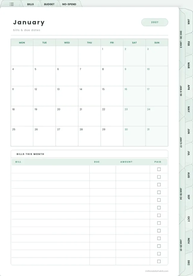 Bills calendar page in the 2027 Budget Planner