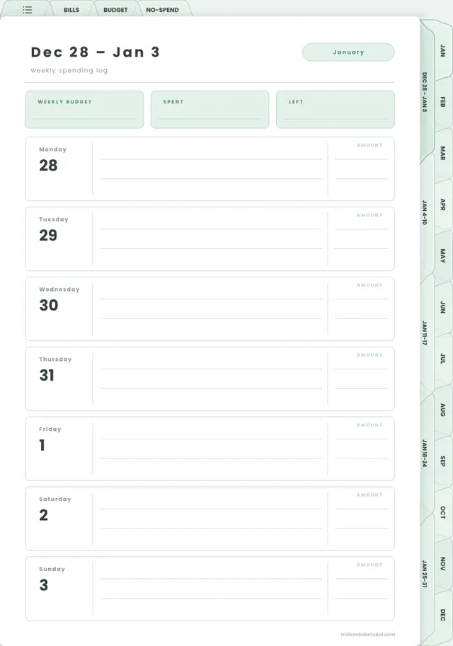 Weekly spending log page in the 2027 Budget Planner