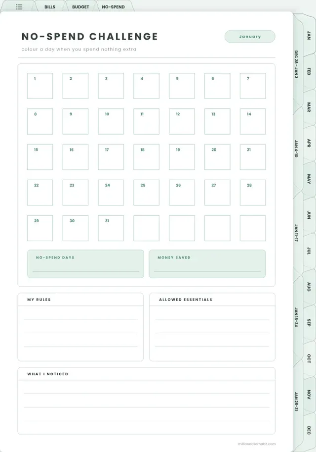 No-spend challenge page in the 2027 Budget Planner
