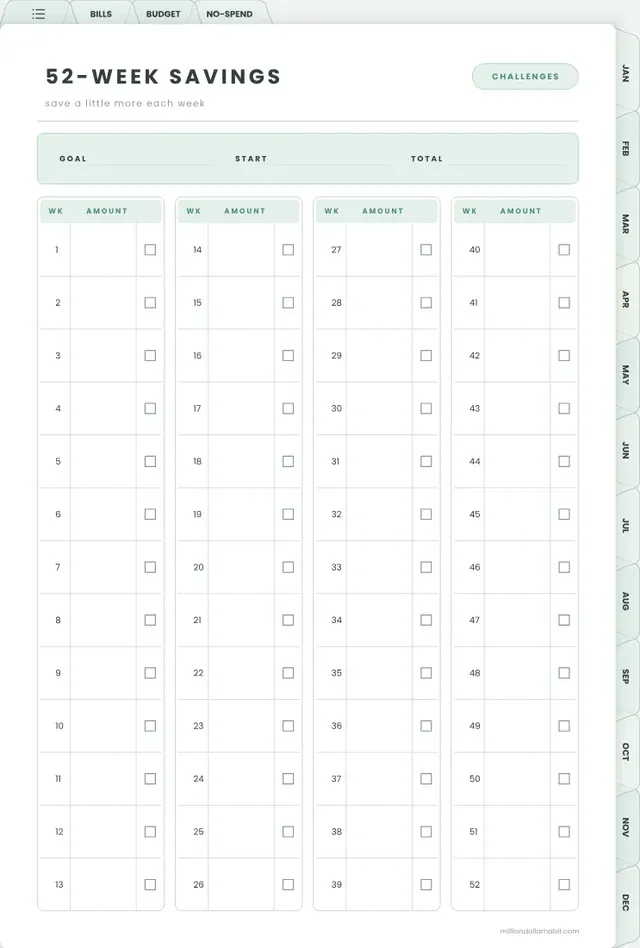 52-week savings page in the 2027 Budget Planner
