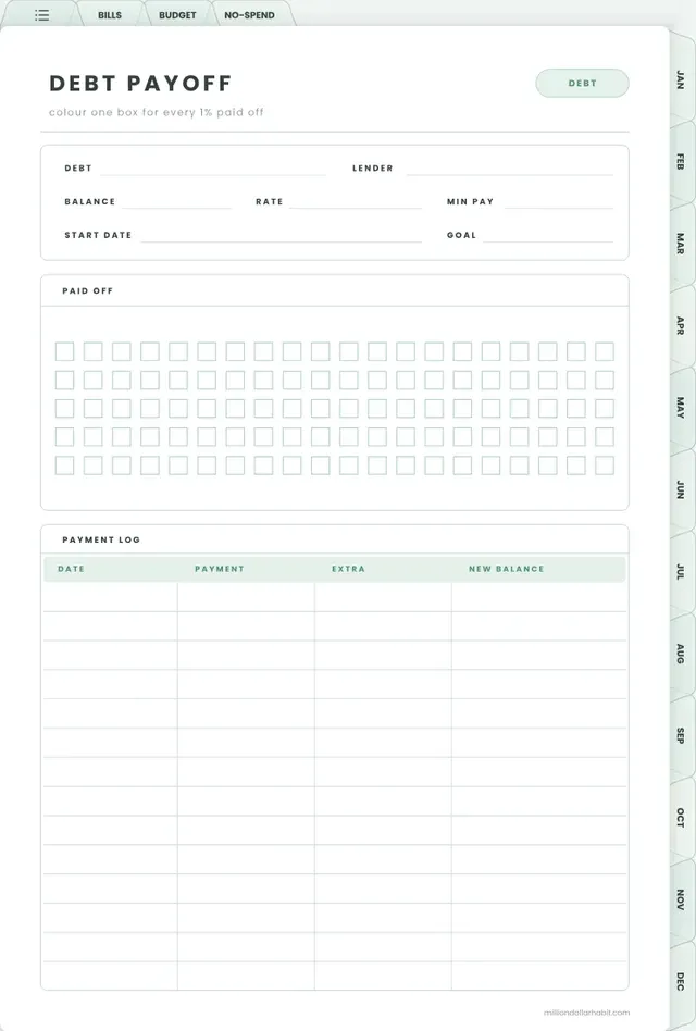 Debt payoff page in the 2027 Budget Planner