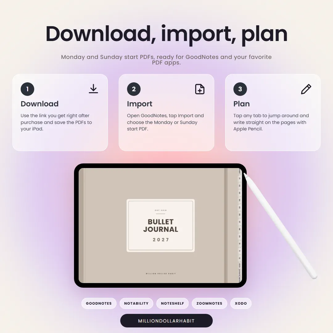 2027 Bullet Journal: Download, import, plan, with Monday and Sunday start PDFs for GoodNotes and other PDF apps