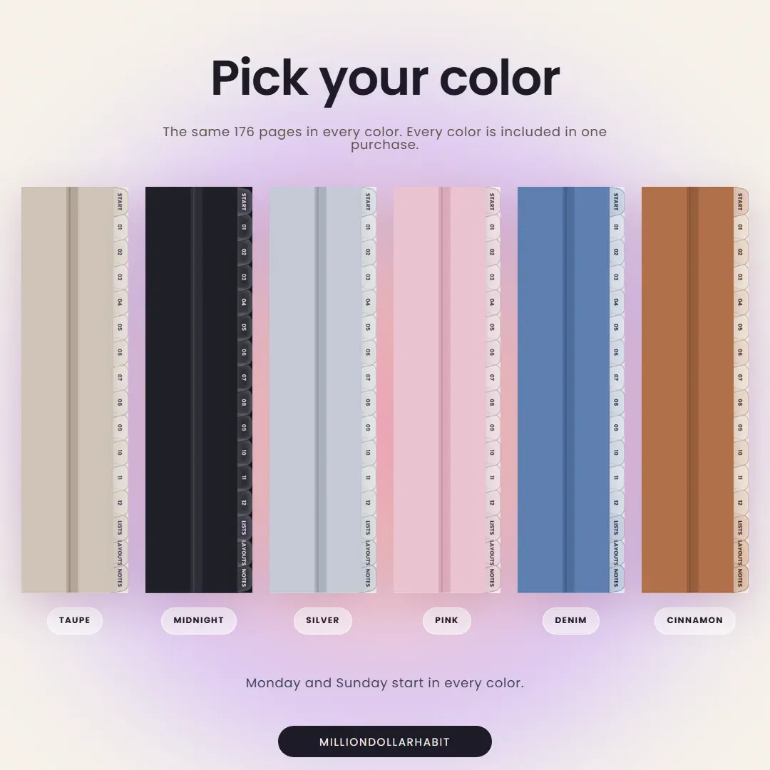 2027 Bullet Journal: Pick your color, the same 176 pages in Taupe, Midnight, Silver, Pink, Denim and Cinnamon, all included