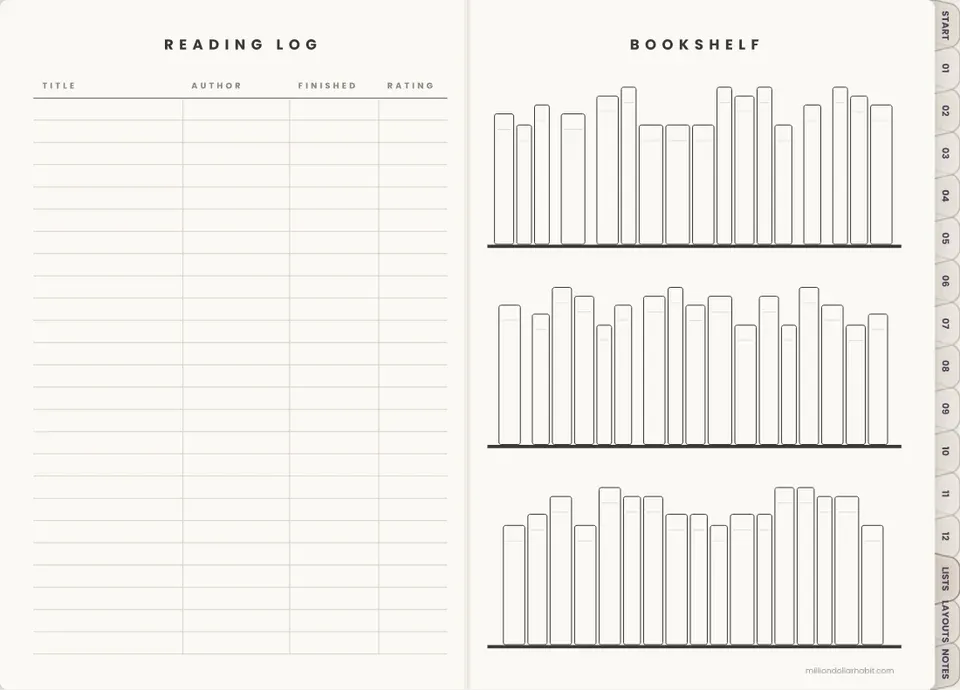 Reading log and bookshelf page in the 2027 Bullet Journal