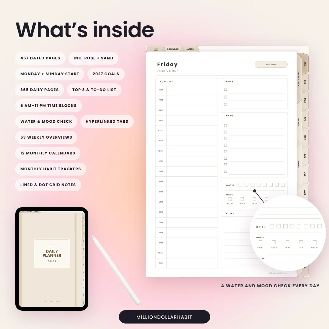 What's inside the 2027 Daily Planner: 457 dated pages in Ink, Rose and Sand with daily pages, weekly overviews and monthly calendars