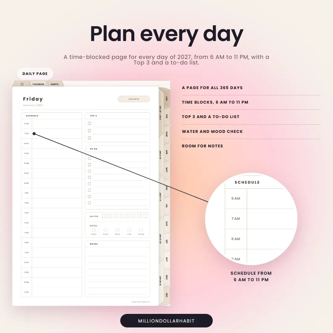 2027 Daily Planner: Plan every day, with a schedule from 6 AM to 11 PM, a Top 3, a to-do list and a water and mood check