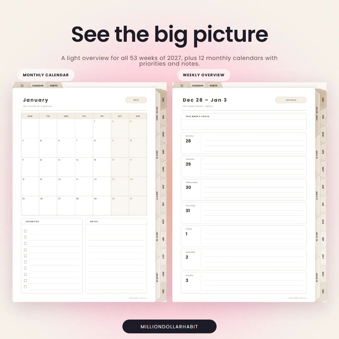 2027 Daily Planner: See the big picture, with 12 monthly calendars and a light overview for all 53 weeks