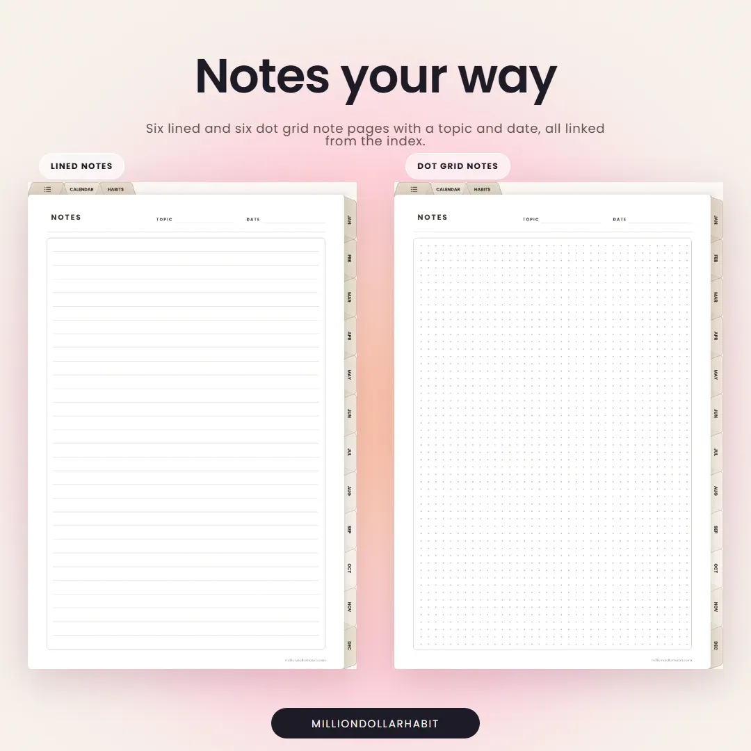 2027 Daily Planner: Notes your way, with six lined and six dot grid note pages linked from the index