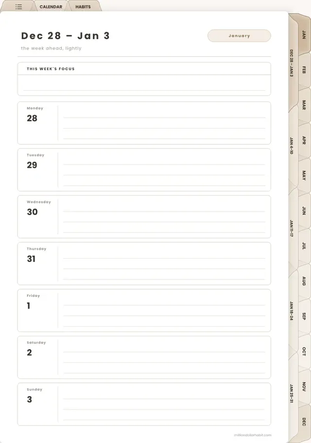 Weekly overview page in the 2027 Daily Planner