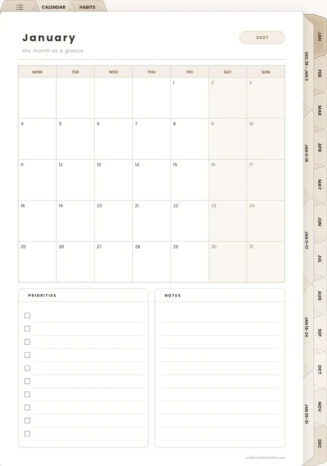 Monthly calendar page in the 2027 Daily Planner