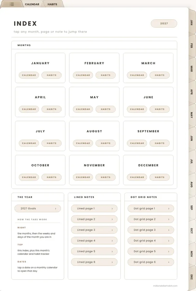 Index page in the 2027 Daily Planner