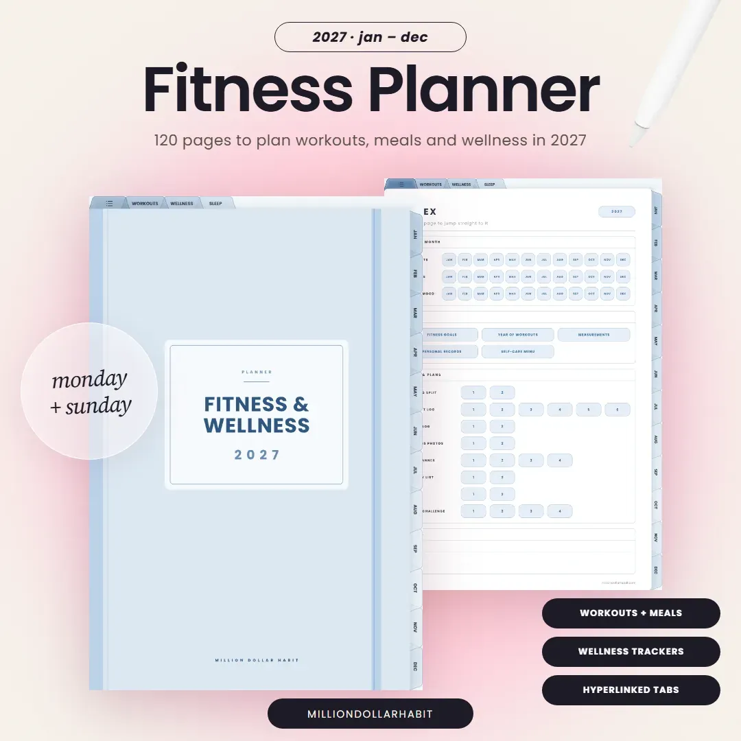 2027 Fitness & Wellness Planner cover: 120 pages to plan workouts, meals and wellness in 2027, Monday + Sunday start