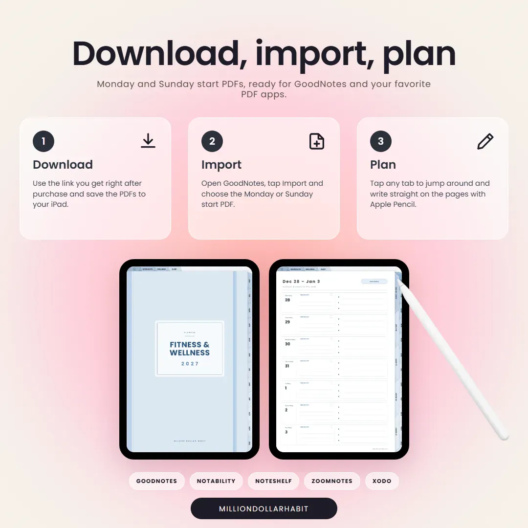 2027 Fitness & Wellness Planner: Download, import, plan, with Monday and Sunday start PDFs for GoodNotes and other PDF apps