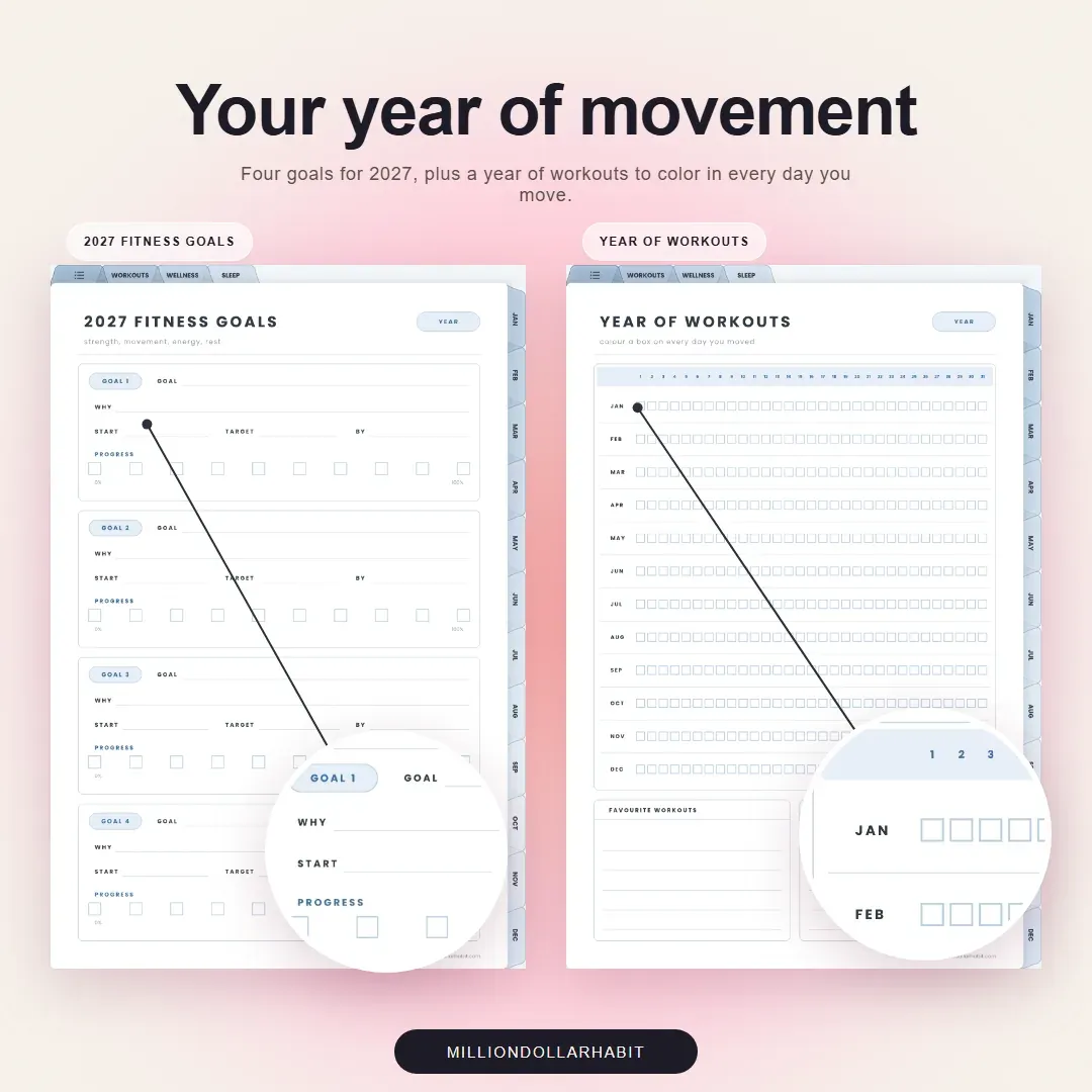 2027 Fitness & Wellness Planner: Your year of movement, with four goals for 2027 and a year of workouts to color in