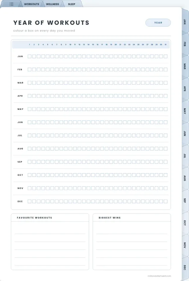 Year of workouts page from the 2027 Fitness & Wellness Planner