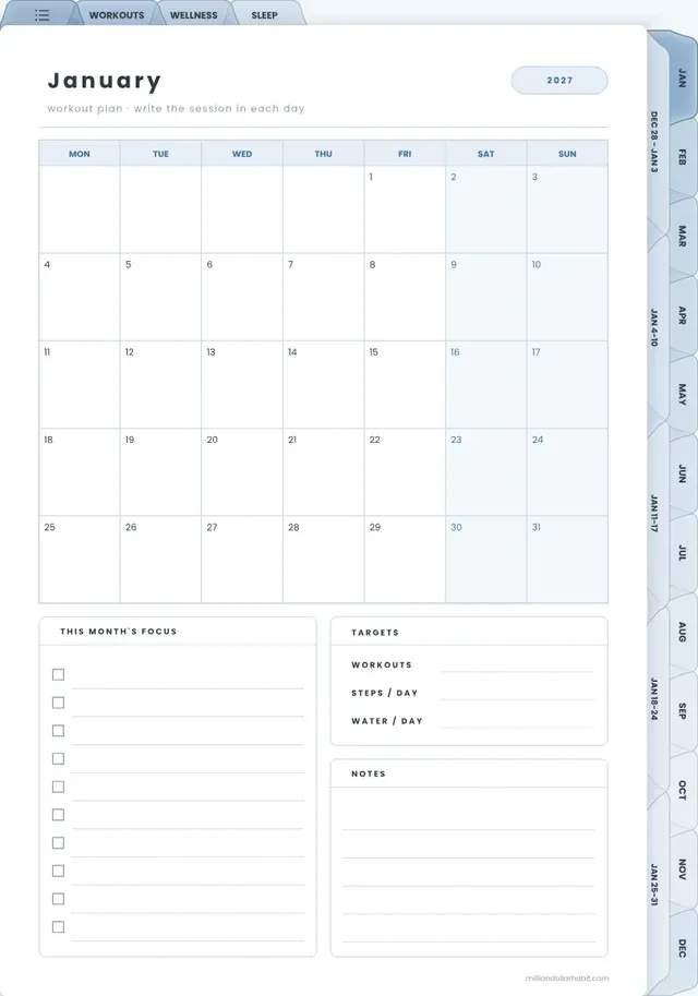Monthly workout plan page in the 2027 Fitness & Wellness Planner