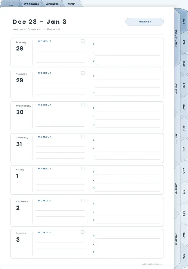 Weekly plan page in the 2027 Fitness & Wellness Planner