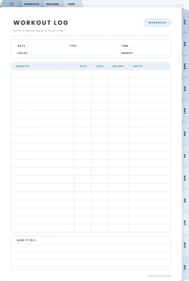 Workout log page in the 2027 Fitness & Wellness Planner