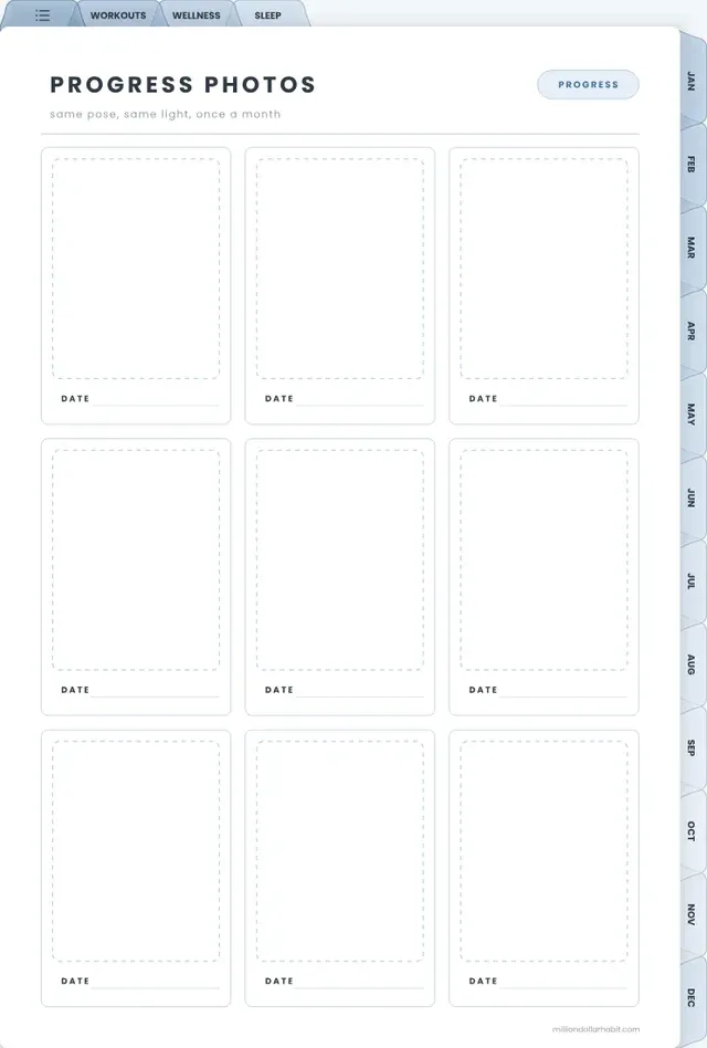 Progress photos page in the 2027 Fitness & Wellness Planner