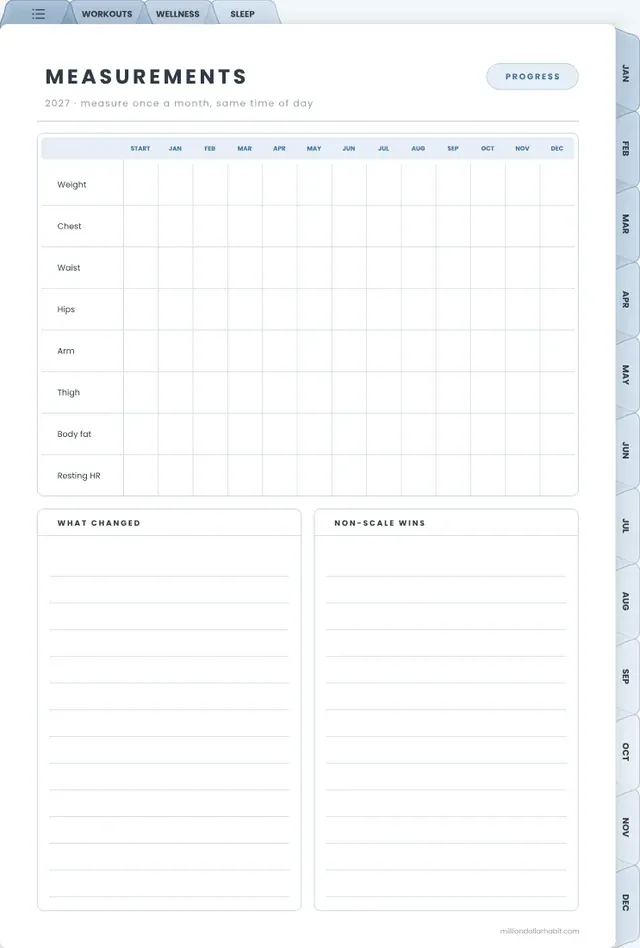 Measurements page in the 2027 Fitness & Wellness Planner