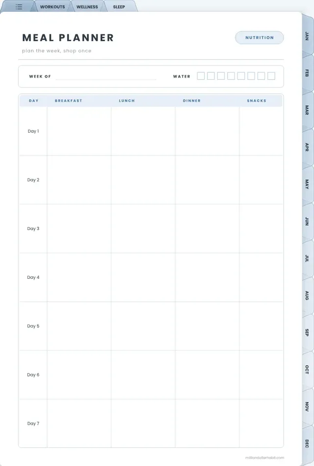Meal planner page in the 2027 Fitness & Wellness Planner