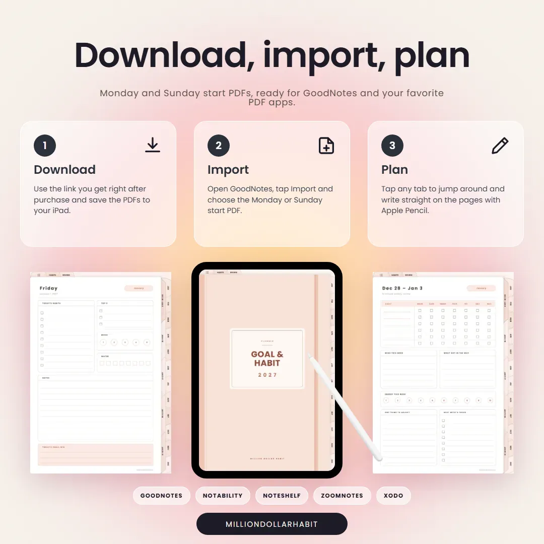 2027 Goal & Habit Planner: Download, import, plan, with Monday and Sunday start PDFs for GoodNotes and other PDF apps