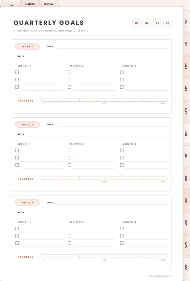 Quarterly goals page in the 2027 Goal & Habit Planner