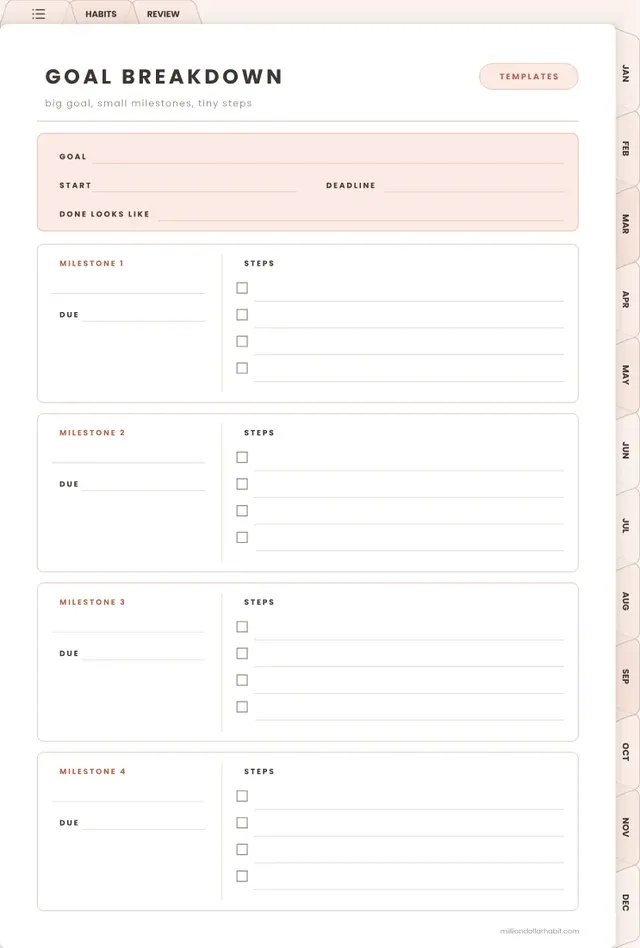 Goal breakdown page in the 2027 Goal & Habit Planner