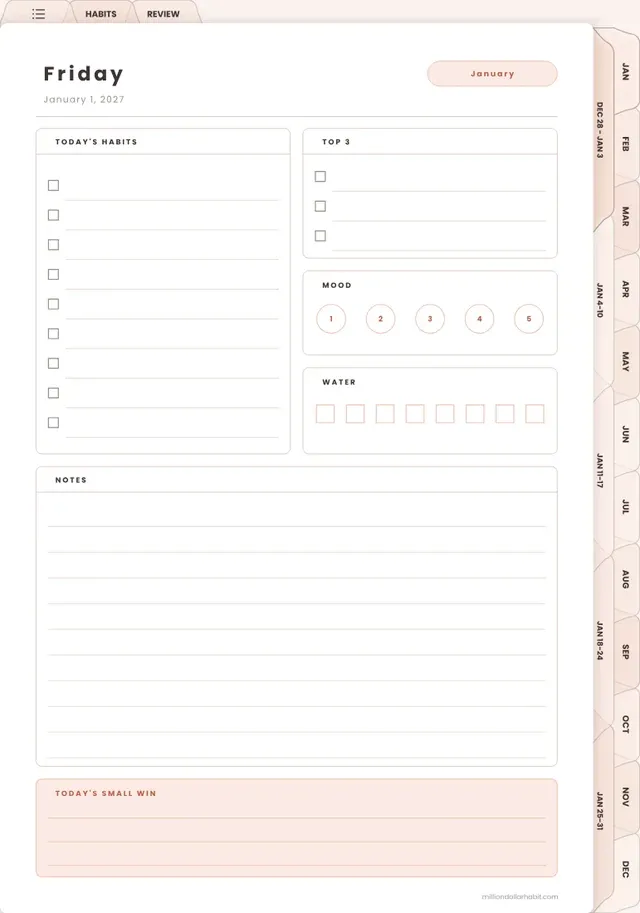 Daily habit check-in page in the 2027 Goal & Habit Planner