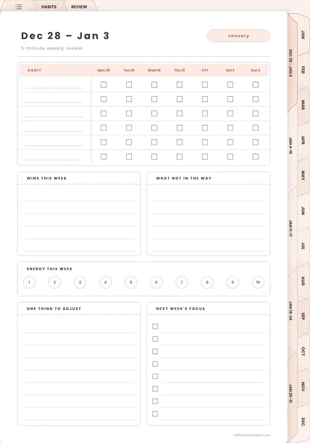 5-minute weekly review page in the 2027 Goal & Habit Planner