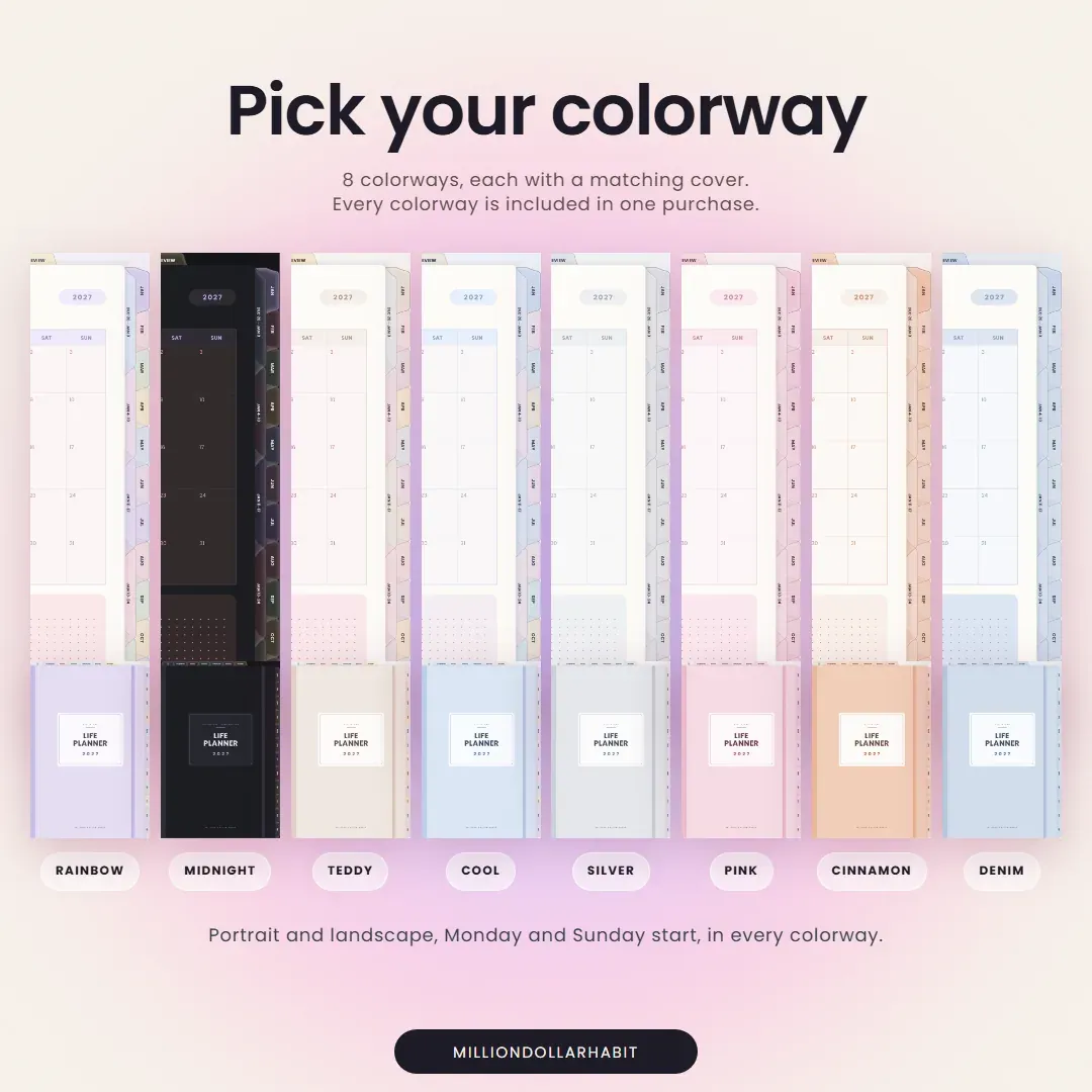 2027 Life Planner: Pick your colorway, 8 colorways with matching covers, portrait and landscape, all included in one purchase